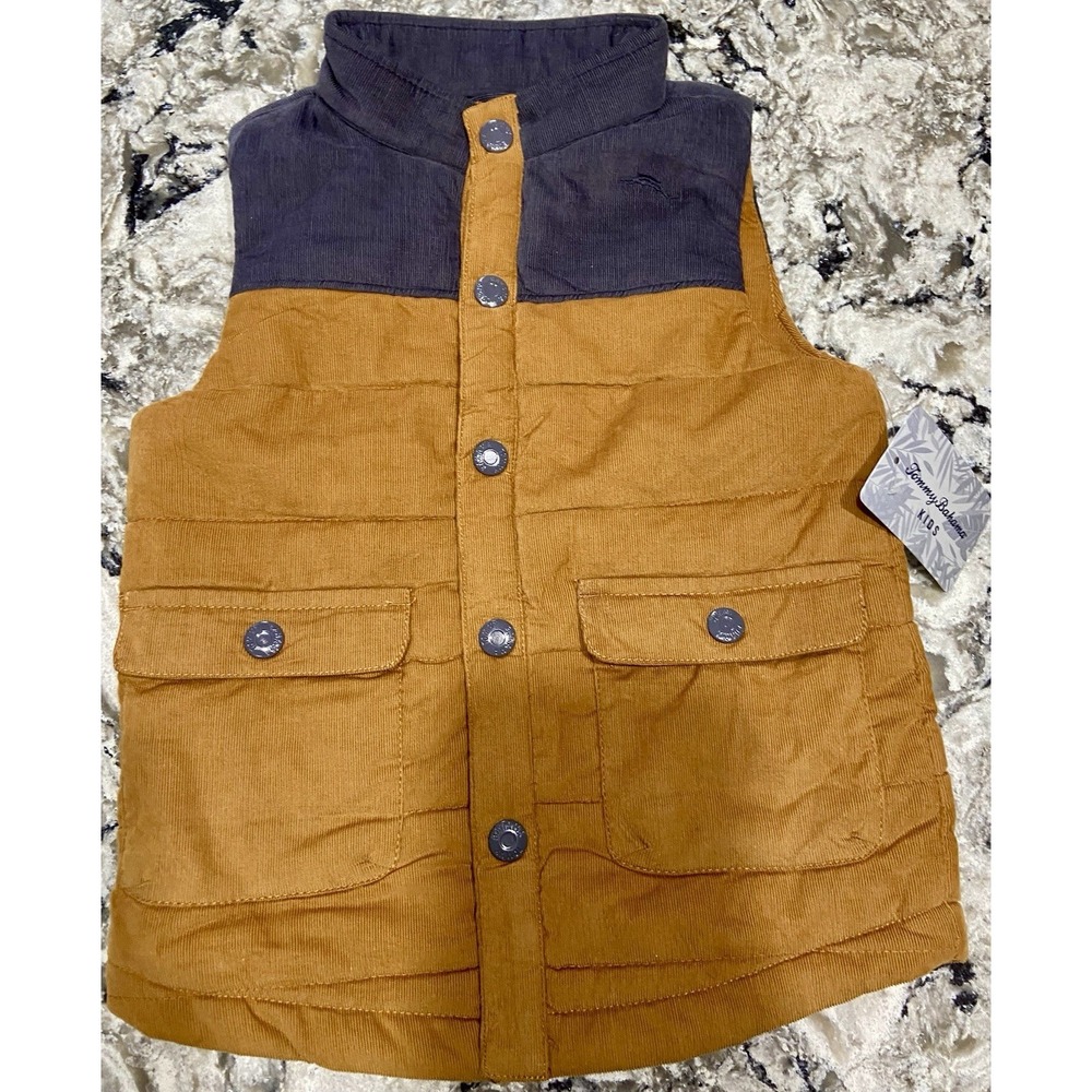 Tommy Bahama Kids Puffer Vest 4T Brown Corduroy Quilted Snap Front Pockets Layer